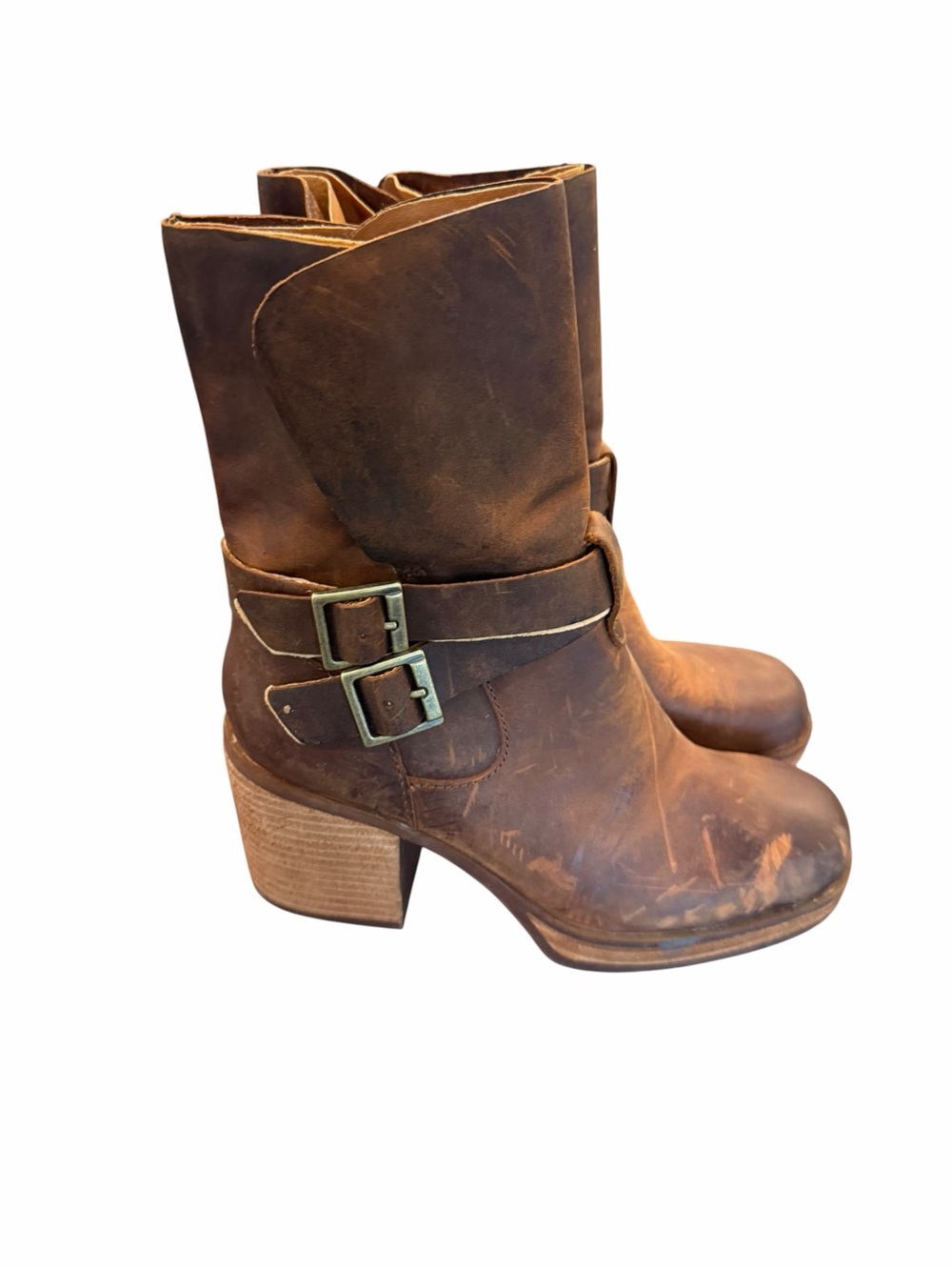 Kork-Ease Brown Leather Mid-Calf Riding Boot Block Heel Buckle Zip Women 6M
